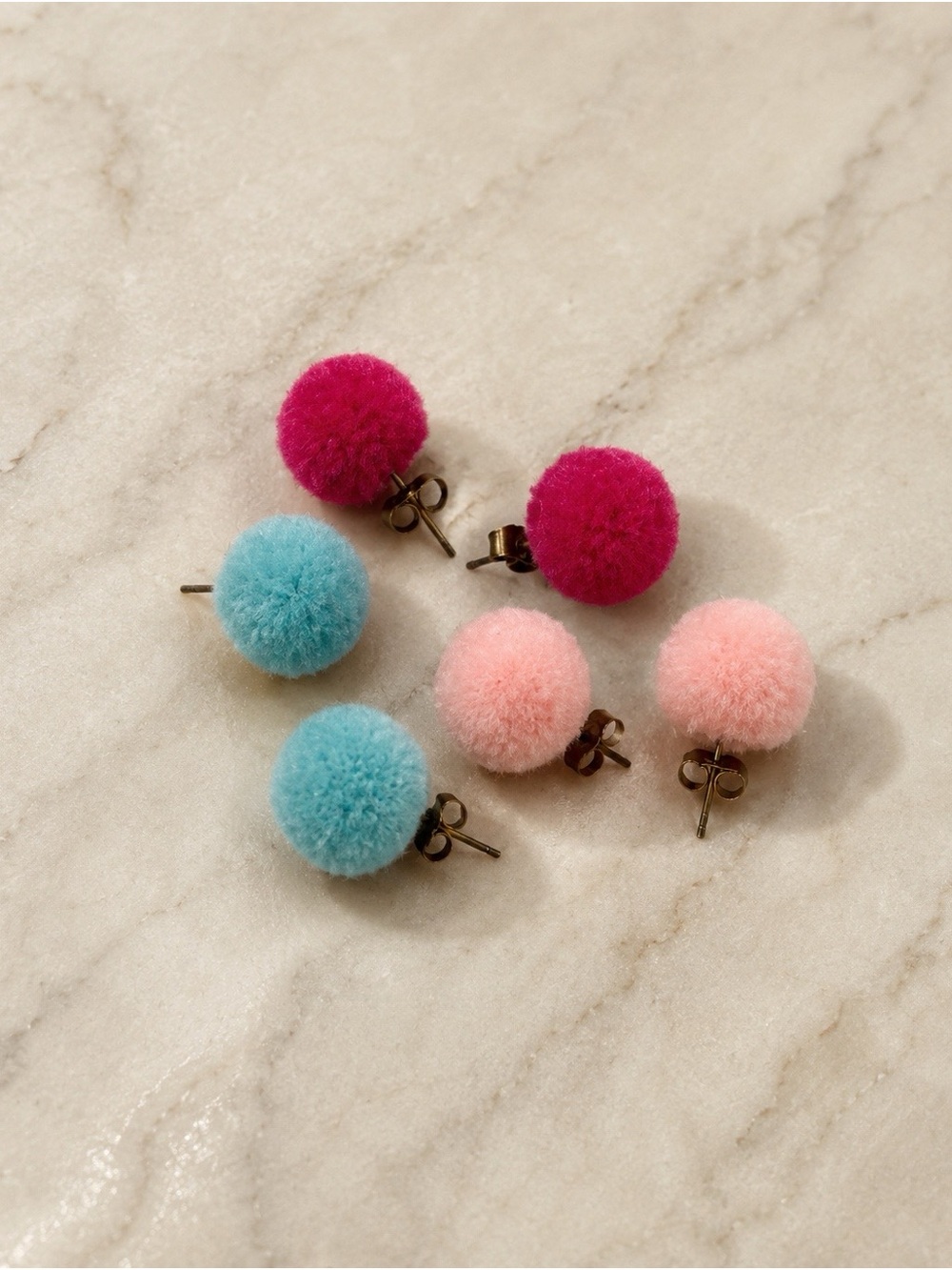 Pom Pom Stud Earrings - Pink, Blue & Fuchsia